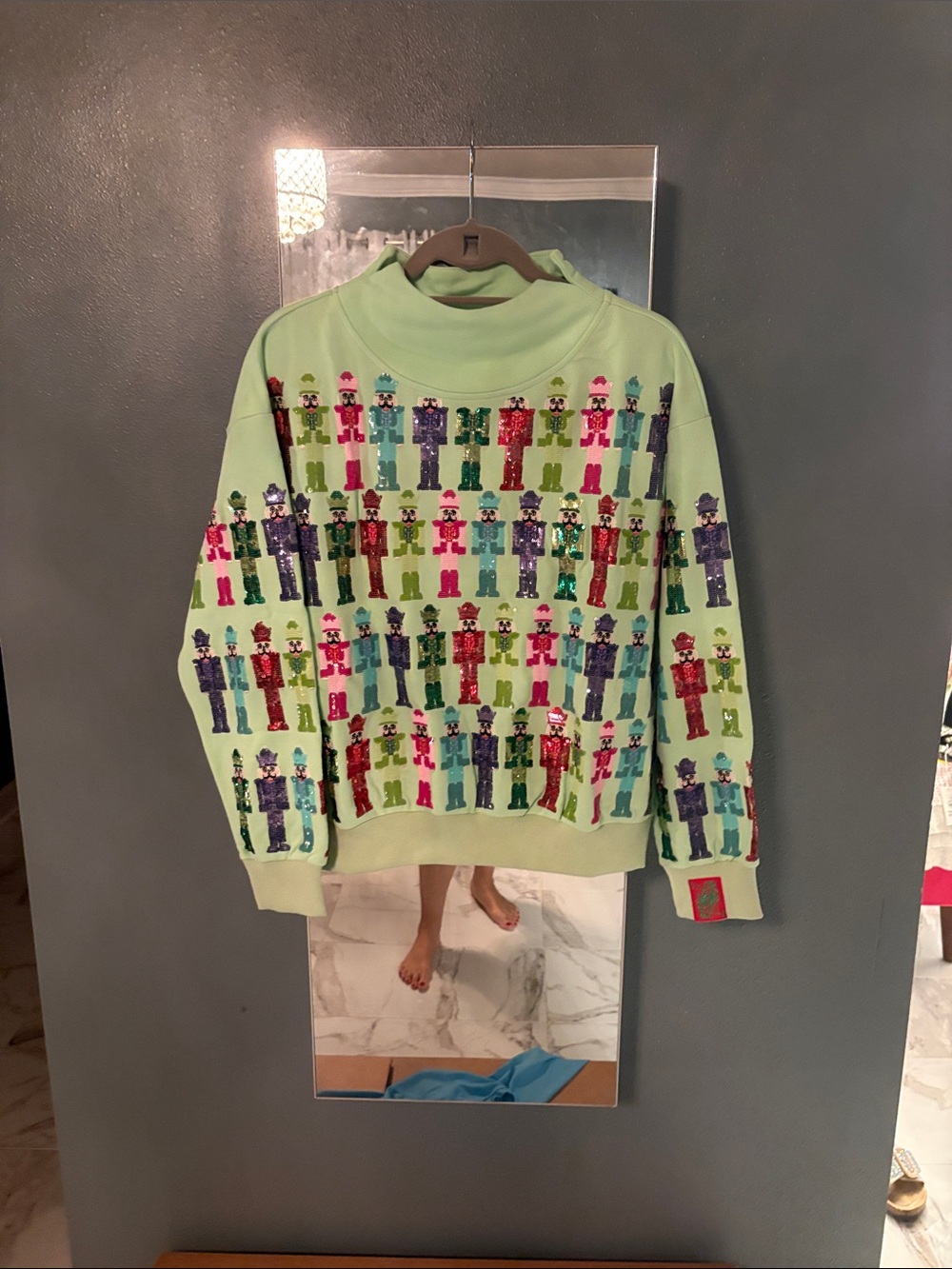 QUEEN OF SPARKLES Light Green Sequin Nutcracker Crewneck Sweater